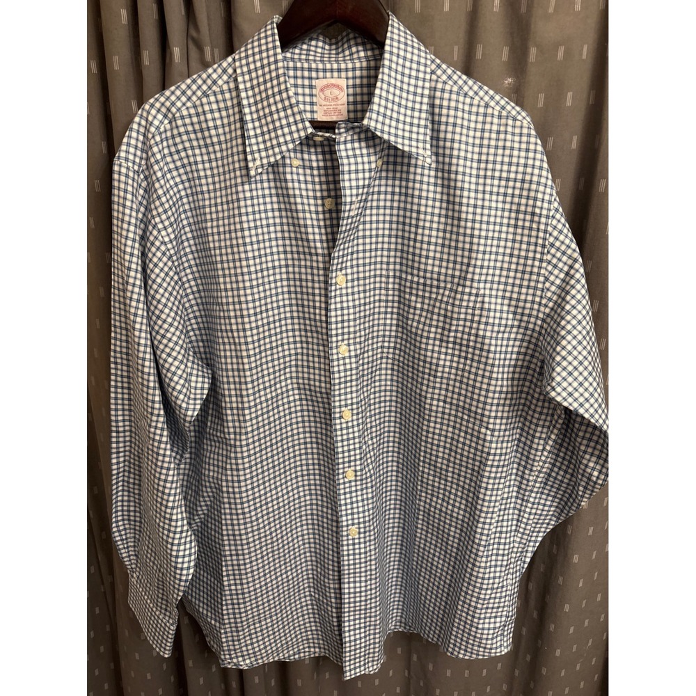 Brooks Brothers Non-Iron Supima Cotton Blue White Tattersall Check Shirt Mens L